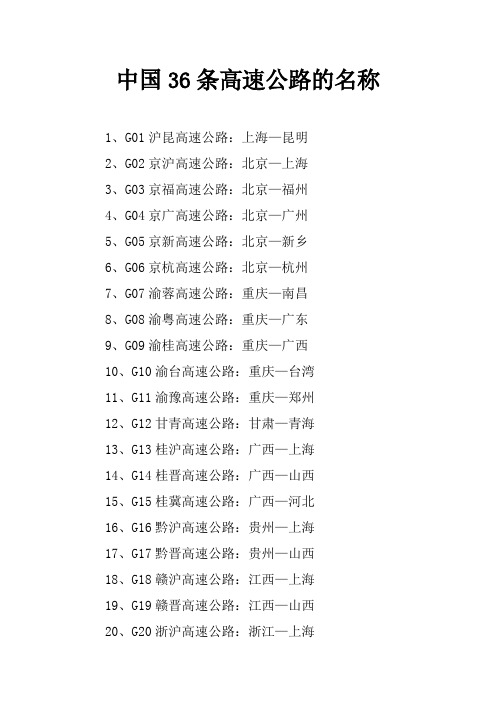 中国36条高速公路的名称