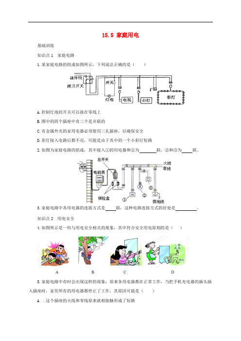 九年级物理全册 15.5 家庭用电同步练习1 (新版)沪科版