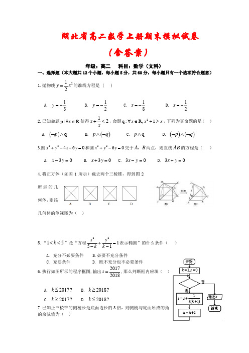 湖北省2020-2021学年高二数学上学期期末模拟考试2套(含答案)