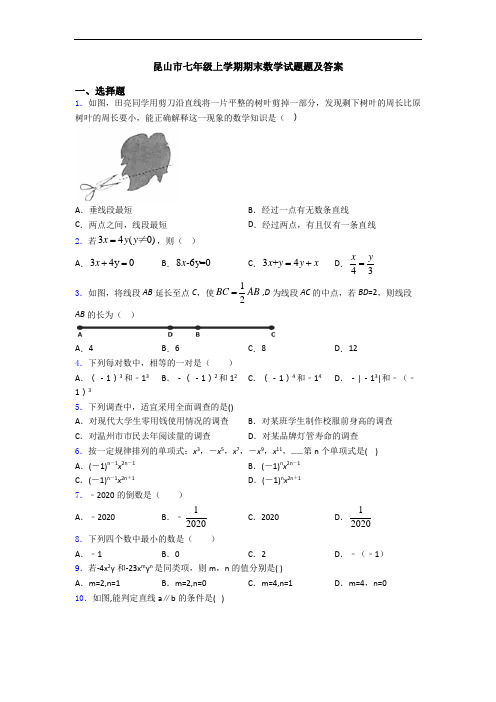 昆山市七年级上学期期末数学试题题及答案
