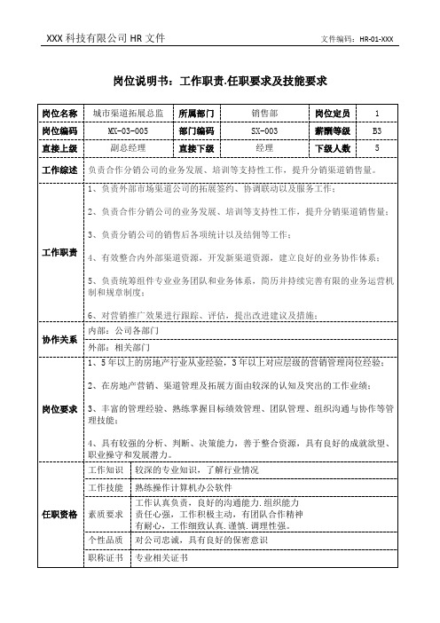 城市渠道拓展总监岗位说明书工作职责和任职要求