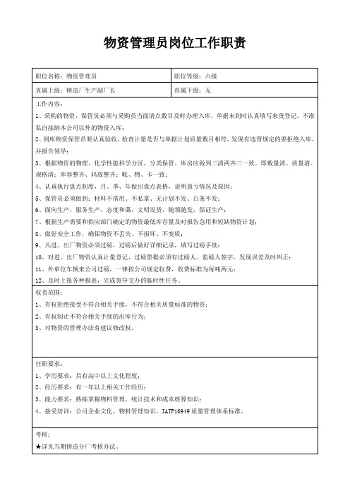 物资管理员岗位工作职责