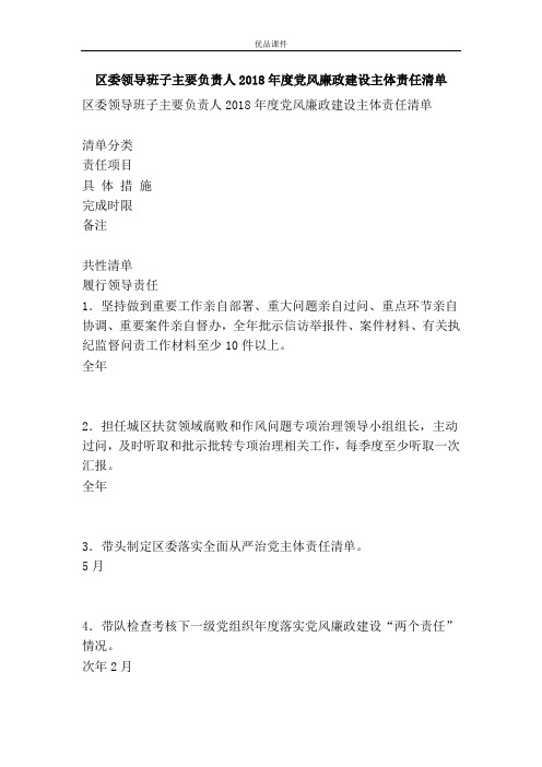 区委领导班子主要负责人2018年度党风廉政建设主体责任清单