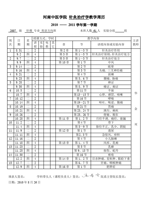 针灸治疗学教学周历-河南中医学院精品课程