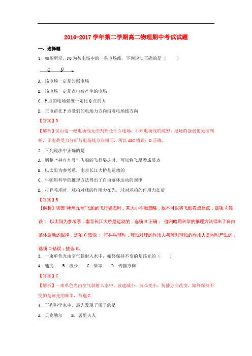 河北省定州县高二物理下学期期中试题(含解析)
