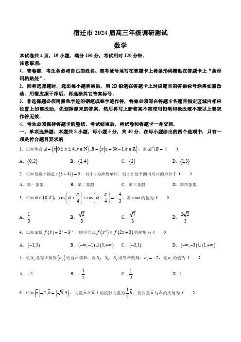 江苏省宿迁市2024届高三下学期调研测试数学含答案解析