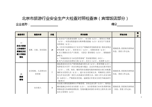 北京市旅游业安全生产大检查对照检查表(宾馆饭店部分)