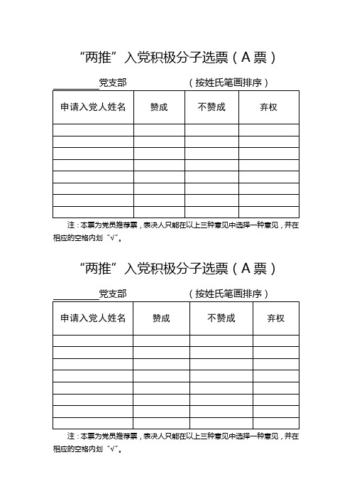 推荐入党积极分子选票票样