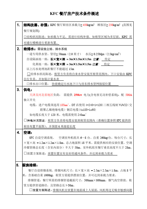肯德基房屋物业技术条件概要