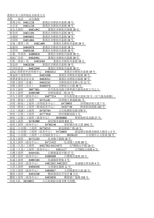 番禺区各工商所地址及联系方式