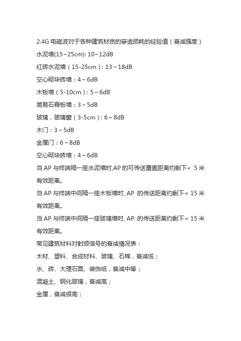 2.4G电磁波对于各种建筑材质的穿透损耗的经验值(衰减强度)