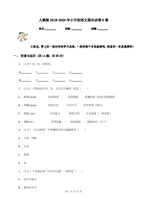 人教版2019-2020年小升初语文期末试卷D卷