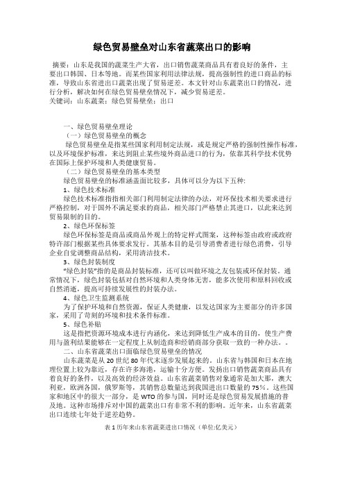 绿色贸易壁垒对山东省蔬菜出口的影响