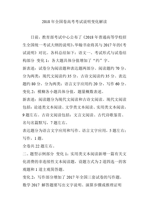 2018年全国卷高考考试说明变化解读