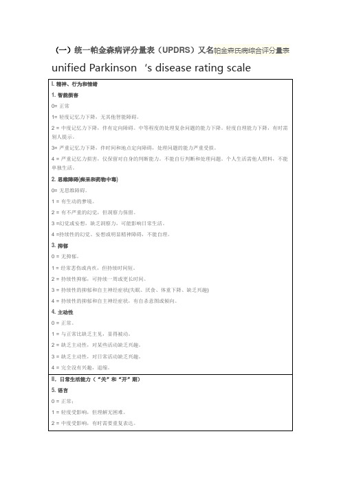 帕金森病常用评分量表