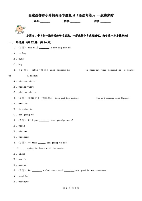 西藏昌都市小升初英语专题复习(语法专练)：一般将来时