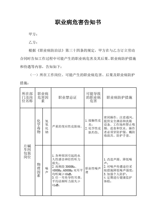 职业病危害告知书(片碱车间包装岗位)