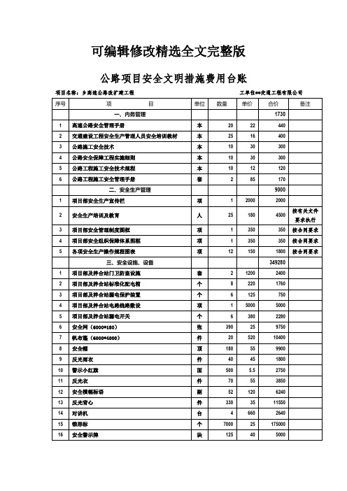 公路项目安全文明措施费用台账精选全文