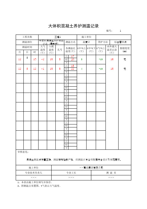 大体积混凝土养护测温记录(最新版)