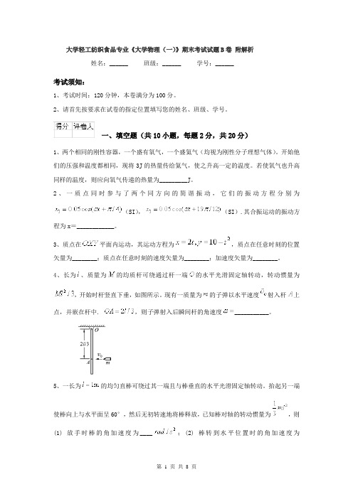 大学轻工纺织食品专业《大学物理(一)》期末考试试题B卷 附解析
