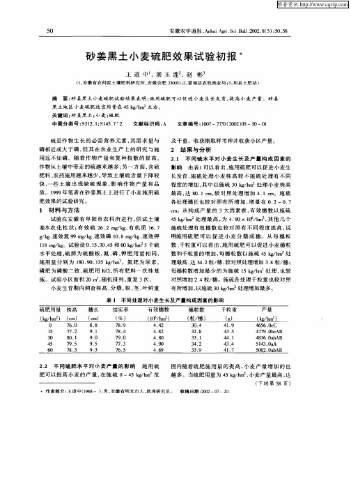 砂姜黑土小麦硫肥效果试验初报