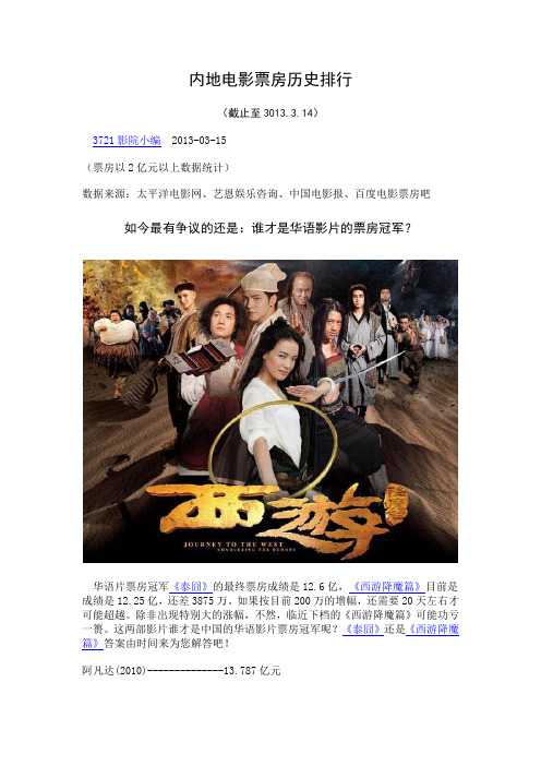 最新消息! 2013中国内地电影票房历史排行_3721影院小编