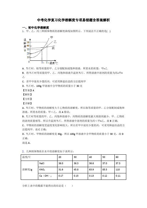 中考化学复习化学溶解度专项易错题含答案解析