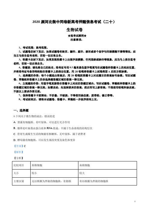 2020届河北衡中同卷新高考押题信息考试(二十)生物试卷