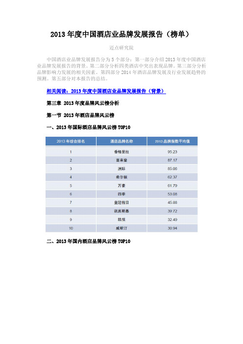 2013年度中国酒店业品牌发展报告(榜单)