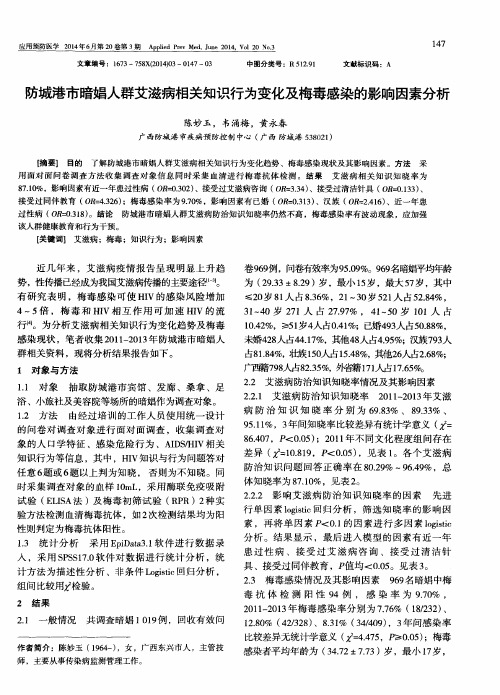 防城港市暗娼人群艾滋病相关知识行为变化及梅毒感染的影响因素分析
