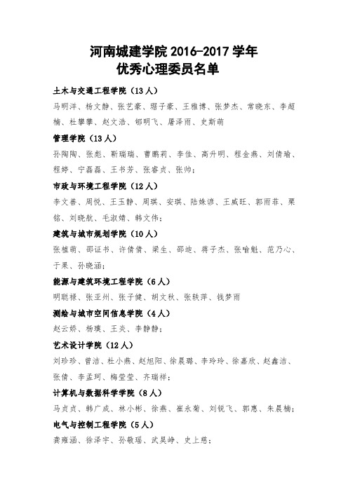 河南城建学院2016-2017学年优秀心理委员名单公示