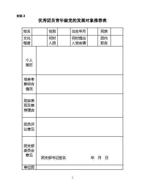 优秀团员青年做党的发展对象推荐表