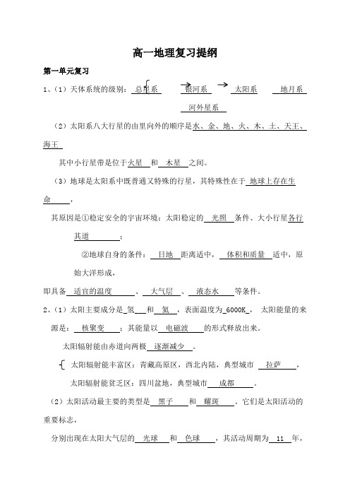 人教版地理必修一复习提纲答案版