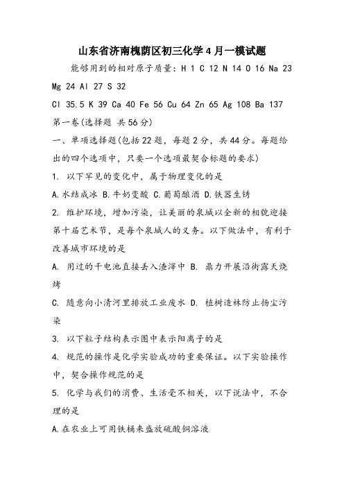 山东省济南槐荫区初三化学4月一模试题