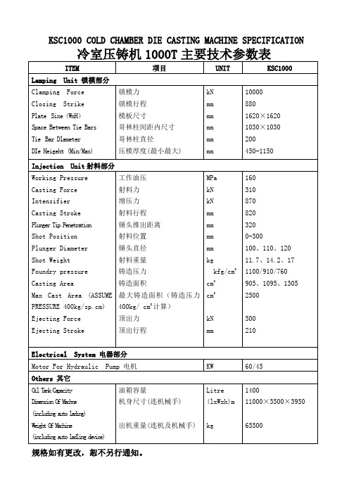 冷室压铸机T主要技术参数表