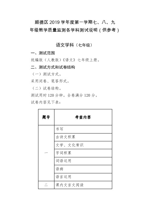 广东佛山顺德初中教学质量监测各学科测试说明
