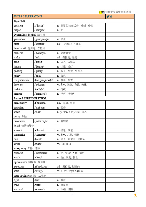 北师大2019新版高中英语必修一UNIT 3 CELEBRATONS 单词表