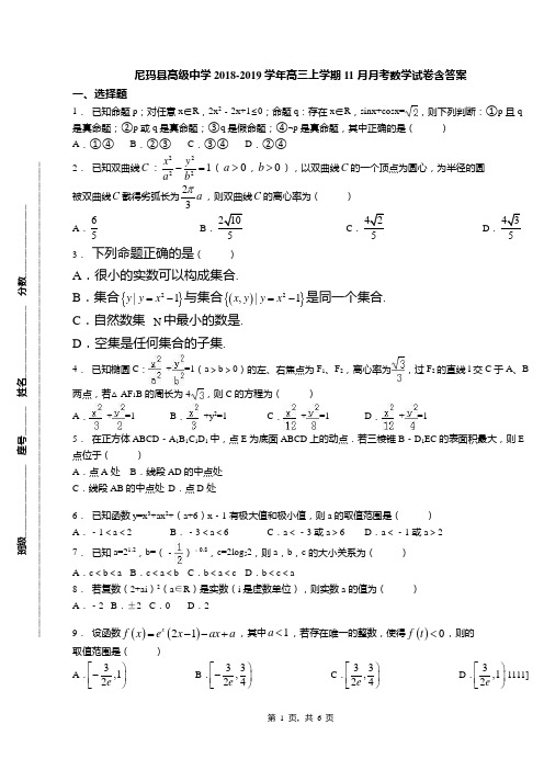尼玛县高级中学2018-2019学年高三上学期11月月考数学试卷含答案