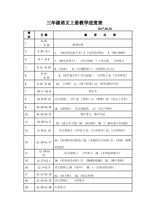 三年级语文上册教学进度表