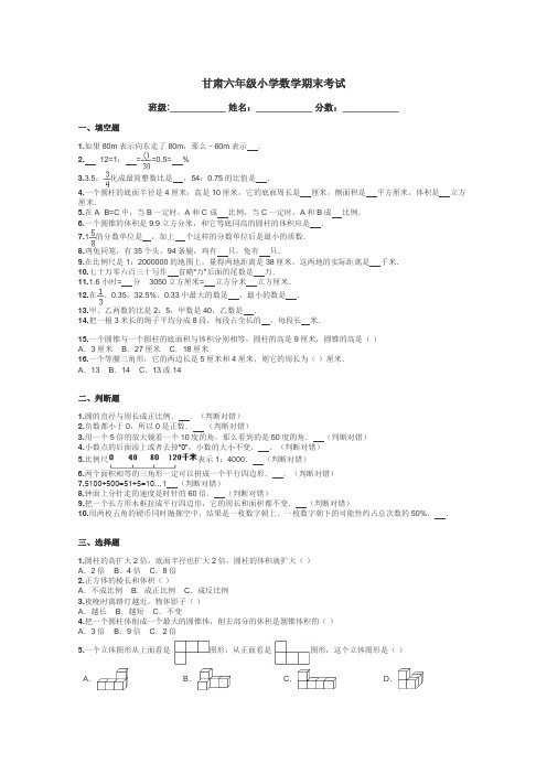 甘肃六年级小学数学期末考试带答案解析
