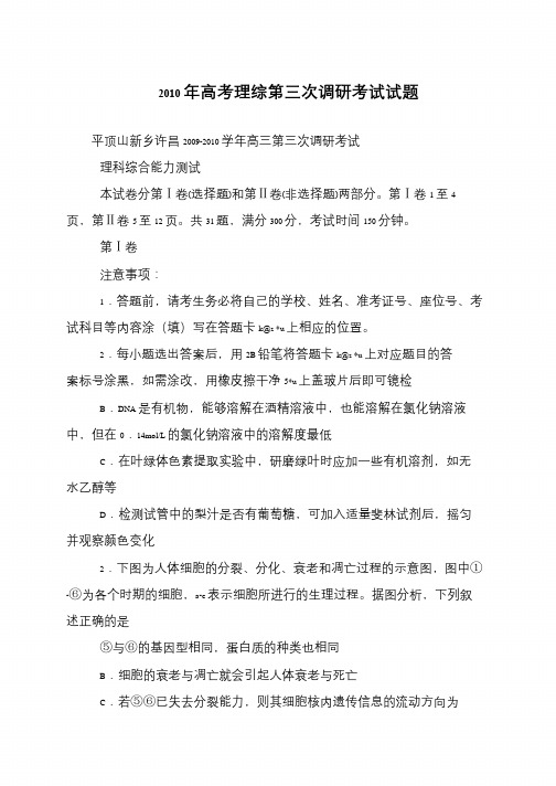 2010年高考理综第三次调研考试试题
