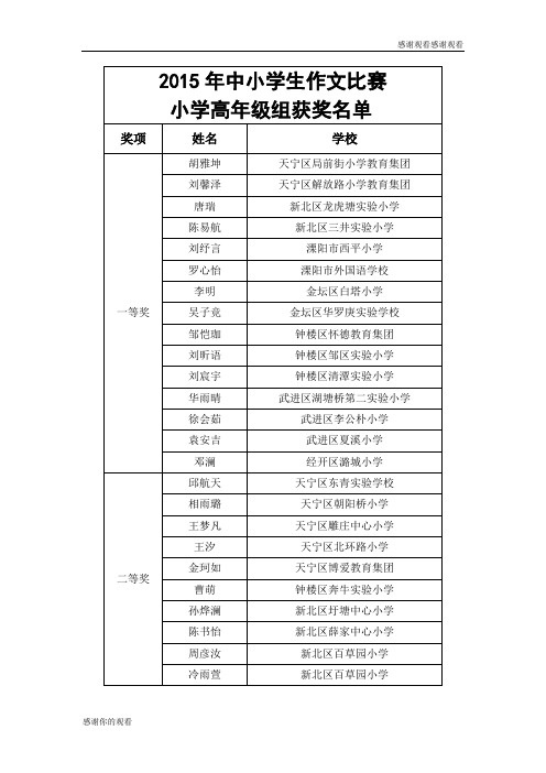 2015年中小学生作文比赛小学高年级组获奖名单