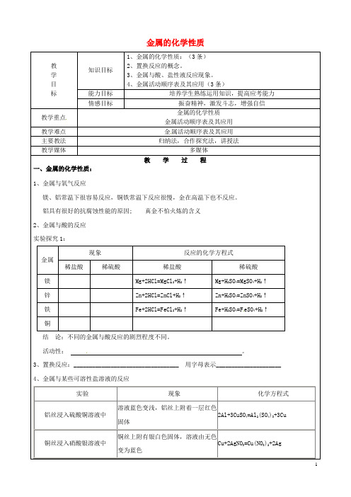 九年级化学下册8.2金属的化学性质教案