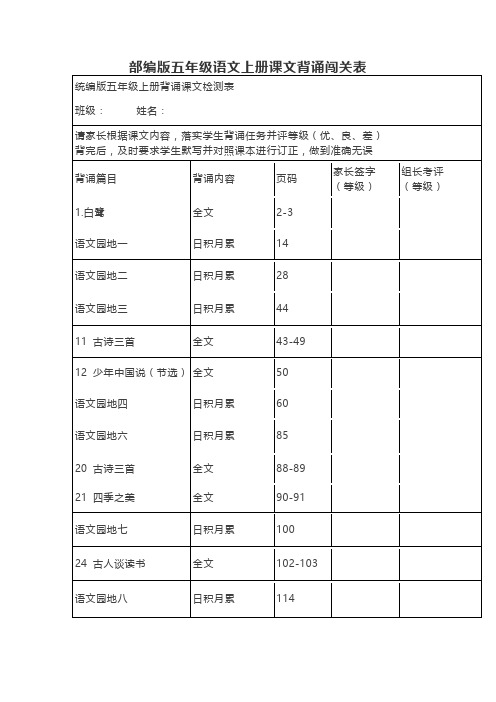 部编版五年级语文上册课文背诵闯关表