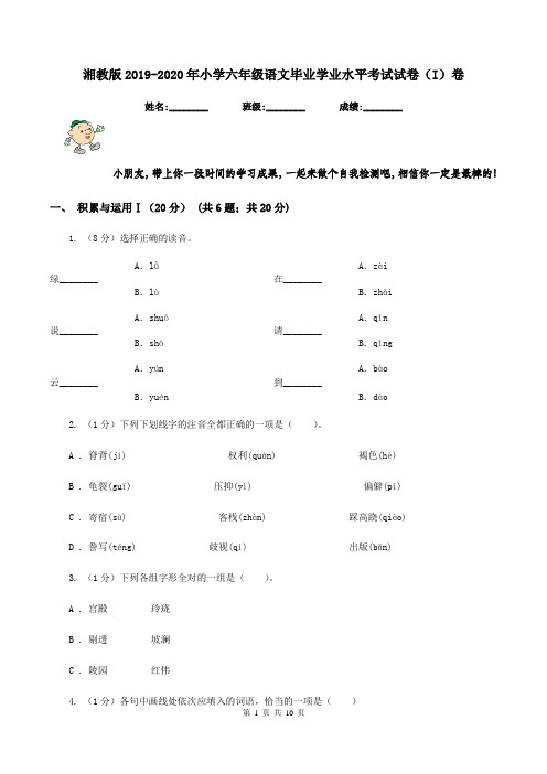 湘教版2019-2020年小学六年级语文毕业学业水平考试试卷(I)卷
