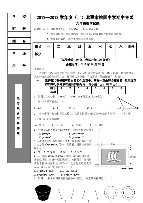辽宁省北票市桃园中学2013届九年级上期中考试数学试题