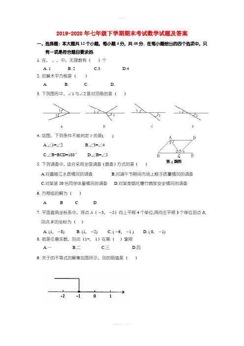 2019-2020年七年级下学期期末考试数学试题及答案