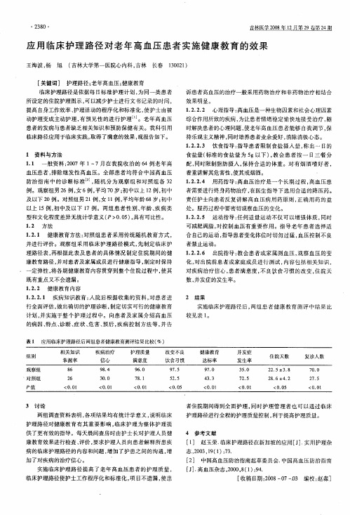 应用临床护理路径对老年高血压患者实施健康教育的效果