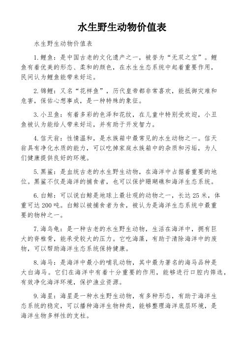 水生野生动物价值表