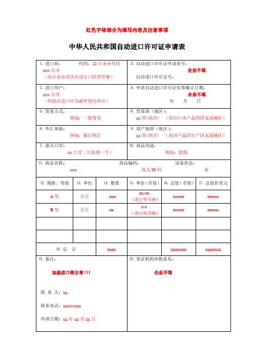 中华人民共和国自动进口许可证申请表